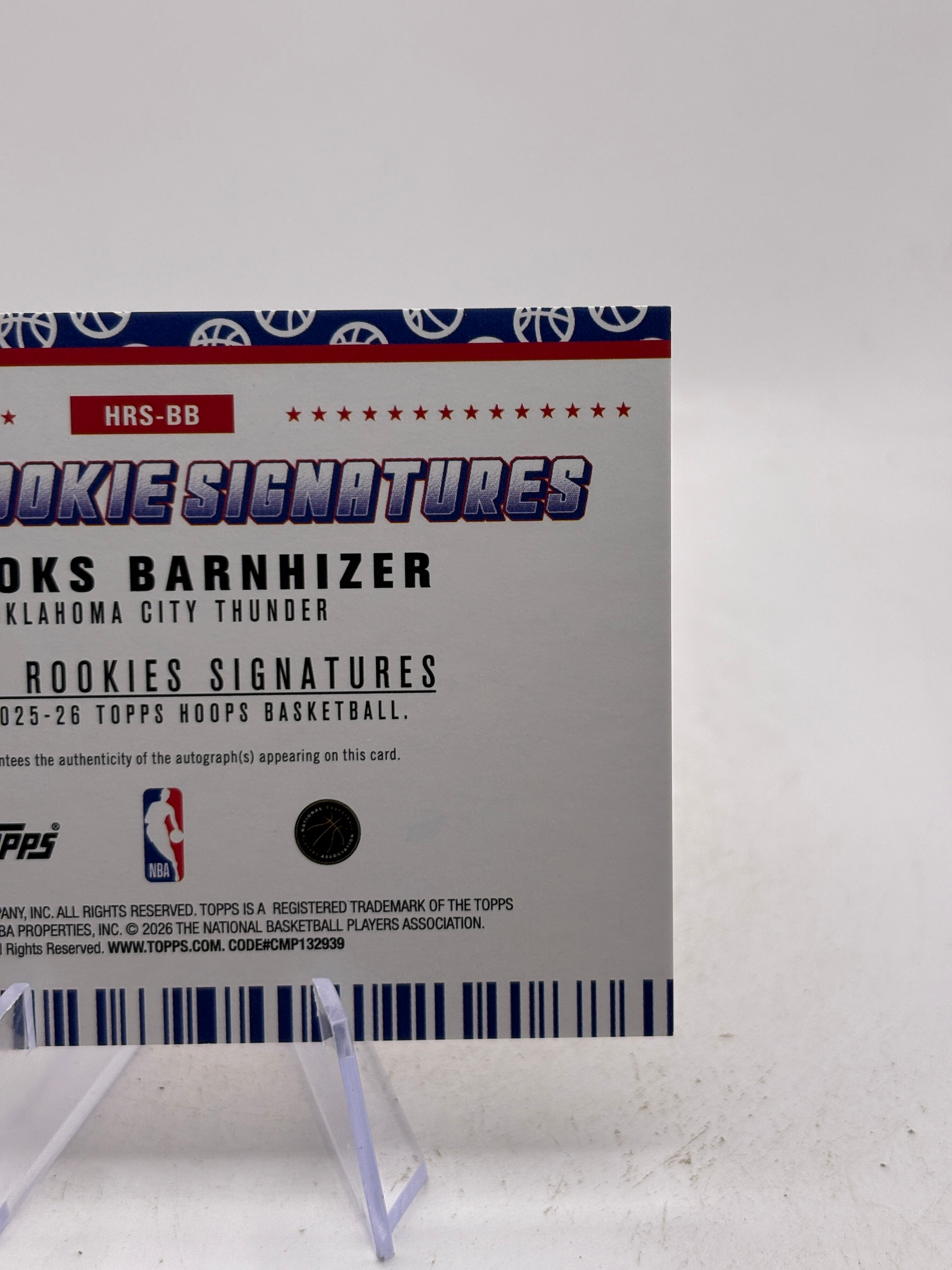 Brooks Barnhizer #HRS-BB 2025-26 NBA Hoops Rookie Signatures Auto RC Thunder